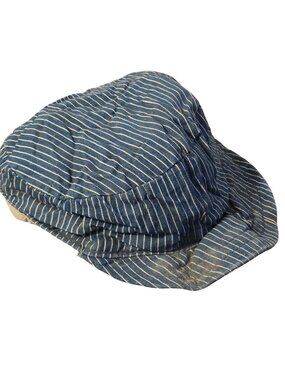 Vintage Kids Blue White Hickory Striped Cotton Workwear Hat Distressed Railroad